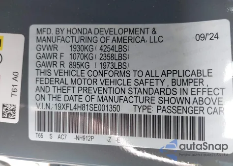 2025 Honda Civic Hybrid Sport z USA, uszkodzony, nr VIN 19XFL4H81SE001350